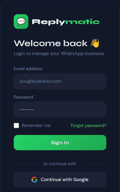 Replymatic dashboard preview showing automated WhatsApp replies